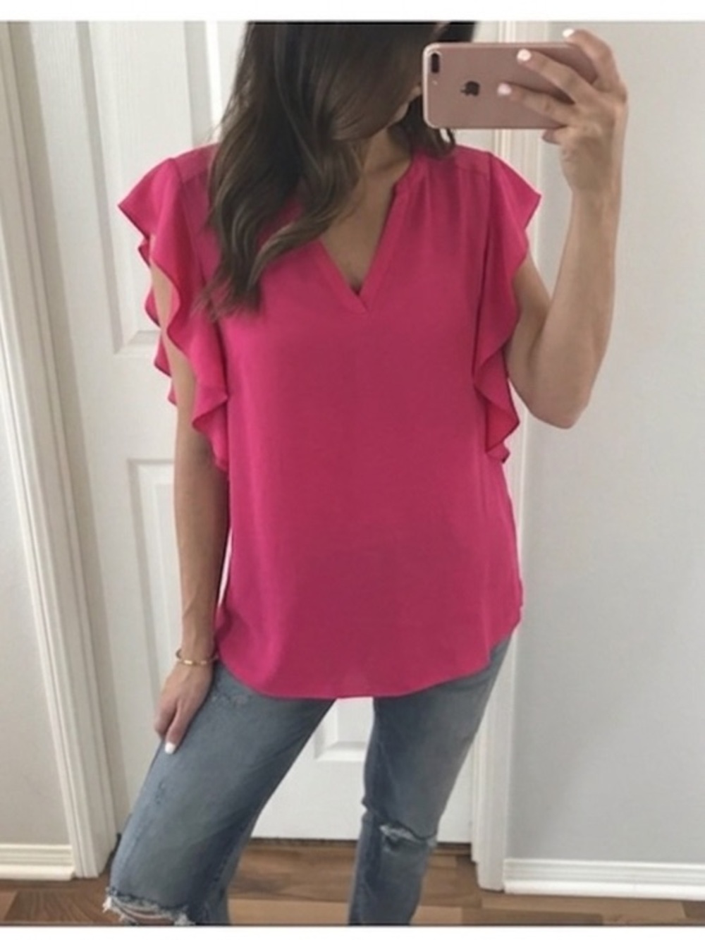 Banana Republic Bright Fuchsia Ruffle Sleeve V-Neck Blouse